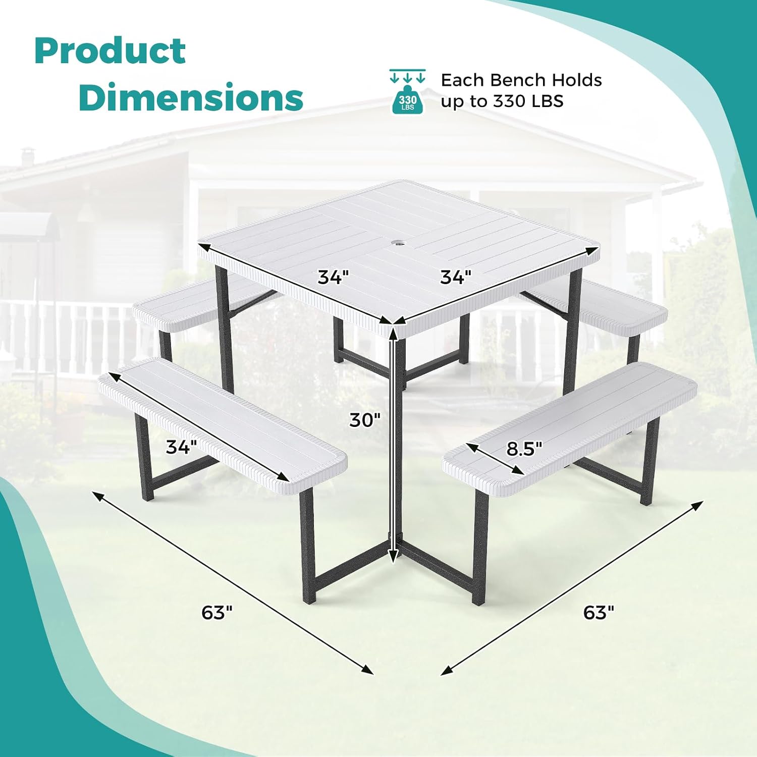 Giantex Picnic Table Bench Set for 4-8 People, 34' Outdoor Square Dining Table & 2 Benches w/Umbrella Hole, HDPE Tabletop, Metal Frame, Patio Camping Furniture for Backyard Porch Lawn (White,Square)