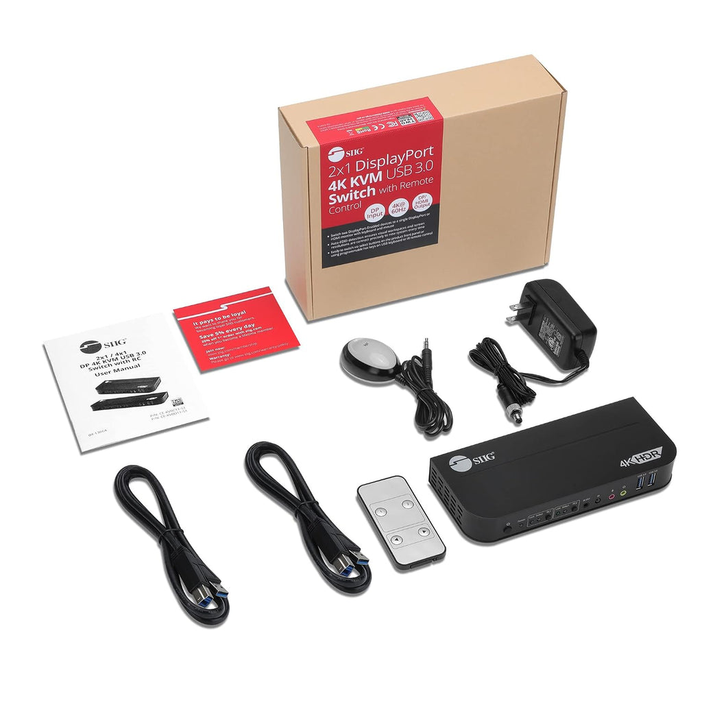 SIIG 2-Port 4K KVM Switch DisplayPort with Remote Control, DP or HDMI Output, 2X USB 3.2 Type-A Ports, Support DisplayPort 1.4/1.2, EDID Bypass, Compatible with Windows and Mac (CE-KV0C11-S1)