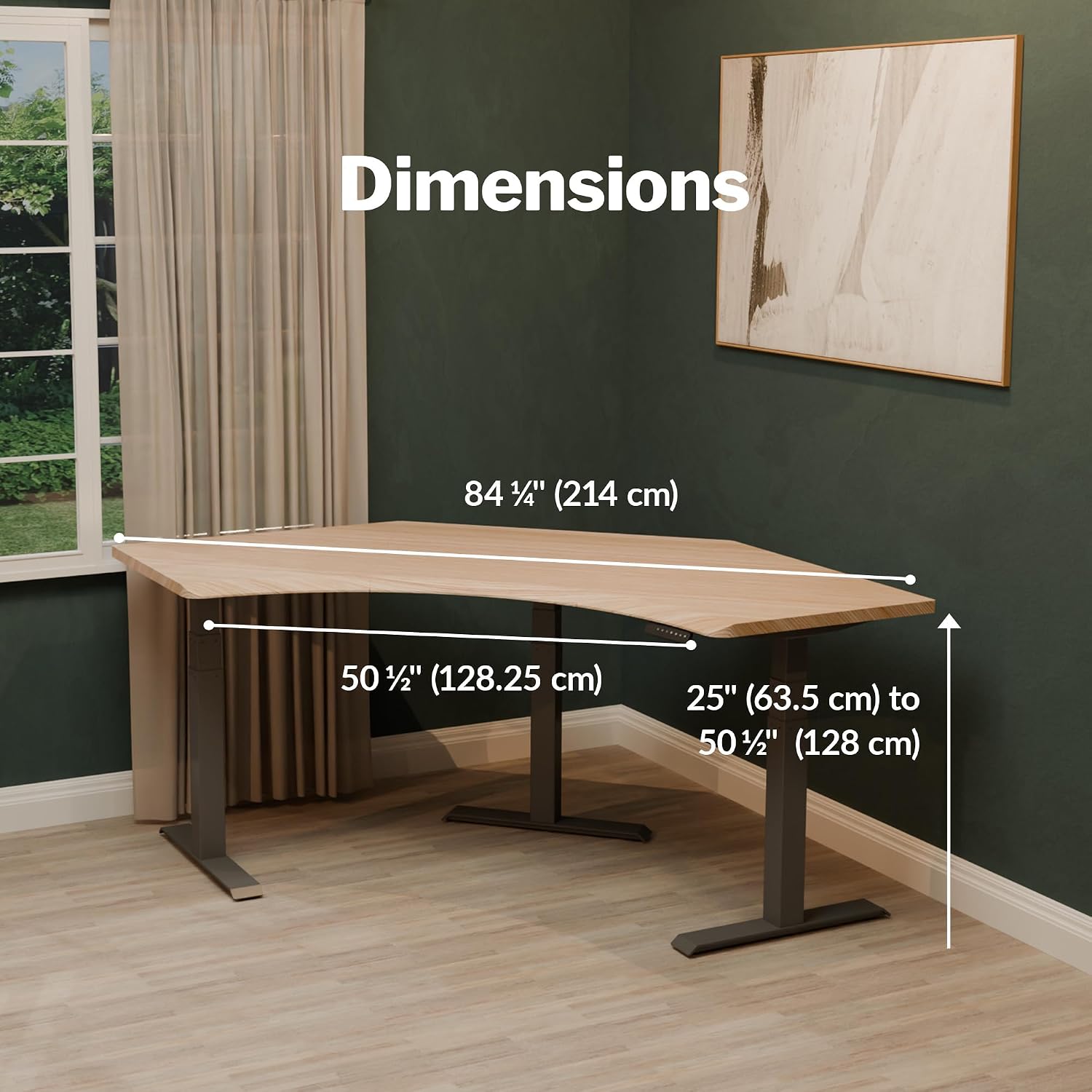 Vari Command Center Electric Standing Desk – 120° Curved Sit-Stand Gaming Desk Corner Workstation for Triple Monitors + Sloped Front Edge, 4 Height Settings, 200 lb Capacity (Light Wood/Slate)