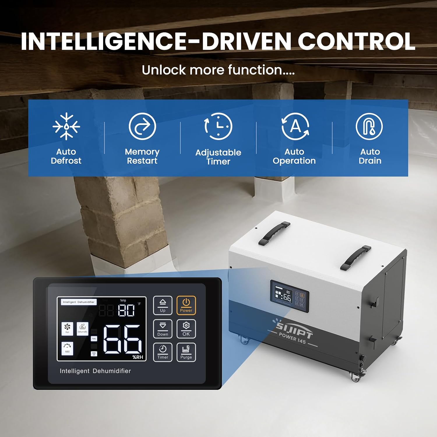 145 Pint Commercial Dehumidifier with Pump, Dehumidifiers for Crawl Space & Basement with Drain Hose, Industrial Dehumidifier with Swivel Caster for Large Space, Large Capacity, Auto Defrost