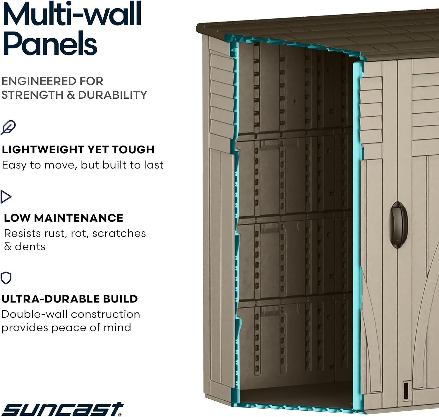 Suncast Outdoor Storage Shed, Water Resistant Resin Vertical Outdoor Storage Cabinet for Patio, Garden Tools, Cushions, & Equipment, Weatherproof Multi-Wall Design, 54 cu. ft., Made in USA