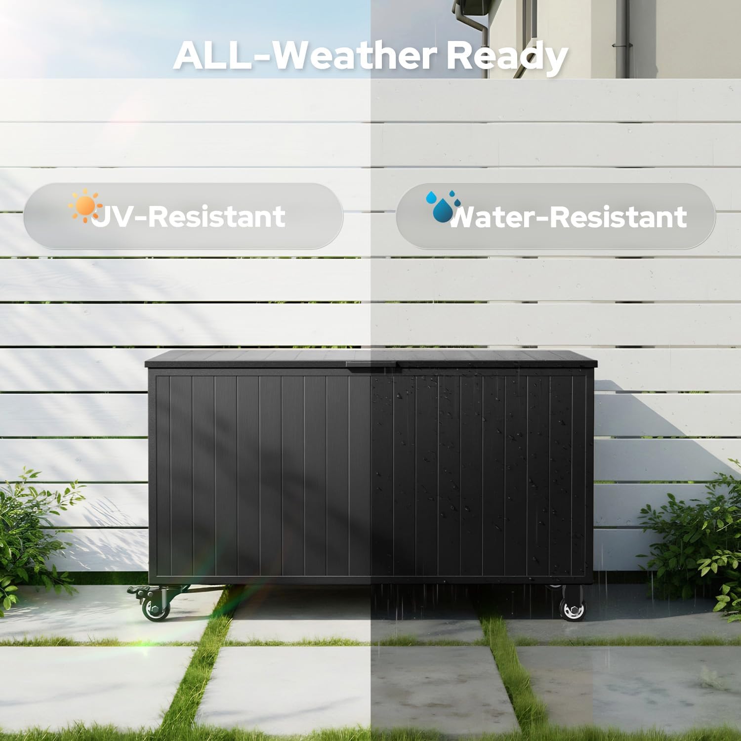Outdoor Storage Box with Wheels 150 Gallon, Mobile Aluminum Deck Boxes Outdoor Waterproof, UV Resistant Patio Storage Box with Lid for Patio Furniture, Garden Tools, Outdoor Cushion(Blank)