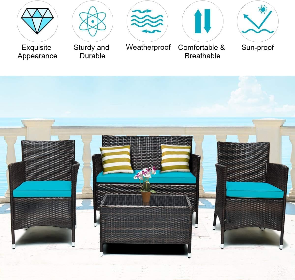 COSTWAY 8PCS Rattan Patio Furniture Set, Outdoor Wicker Rattan Chairs with Coffee Table, Rattan Cushioned Conversation Set for Backyard Balcony Porch Poolside, Turquoise