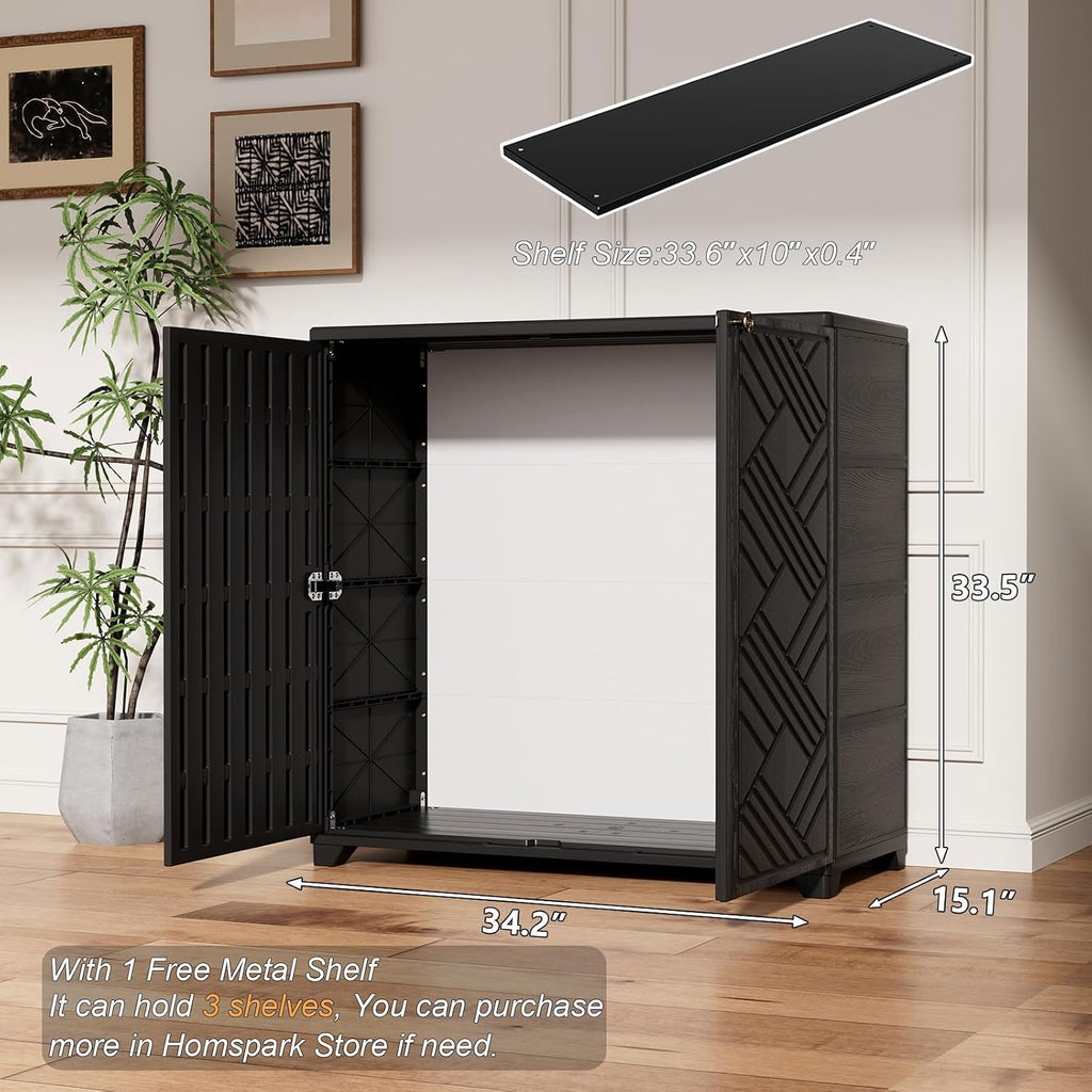 HOMSPARK Indoor/Outdoor Storage Cabinet with Doors and 1 Shelf, 34'x15'x34' HDPE Plastic Storage Box for Bedroom, Bathroom, Living Room, Balcony, Multi-Purpose for Daily Tools, Black