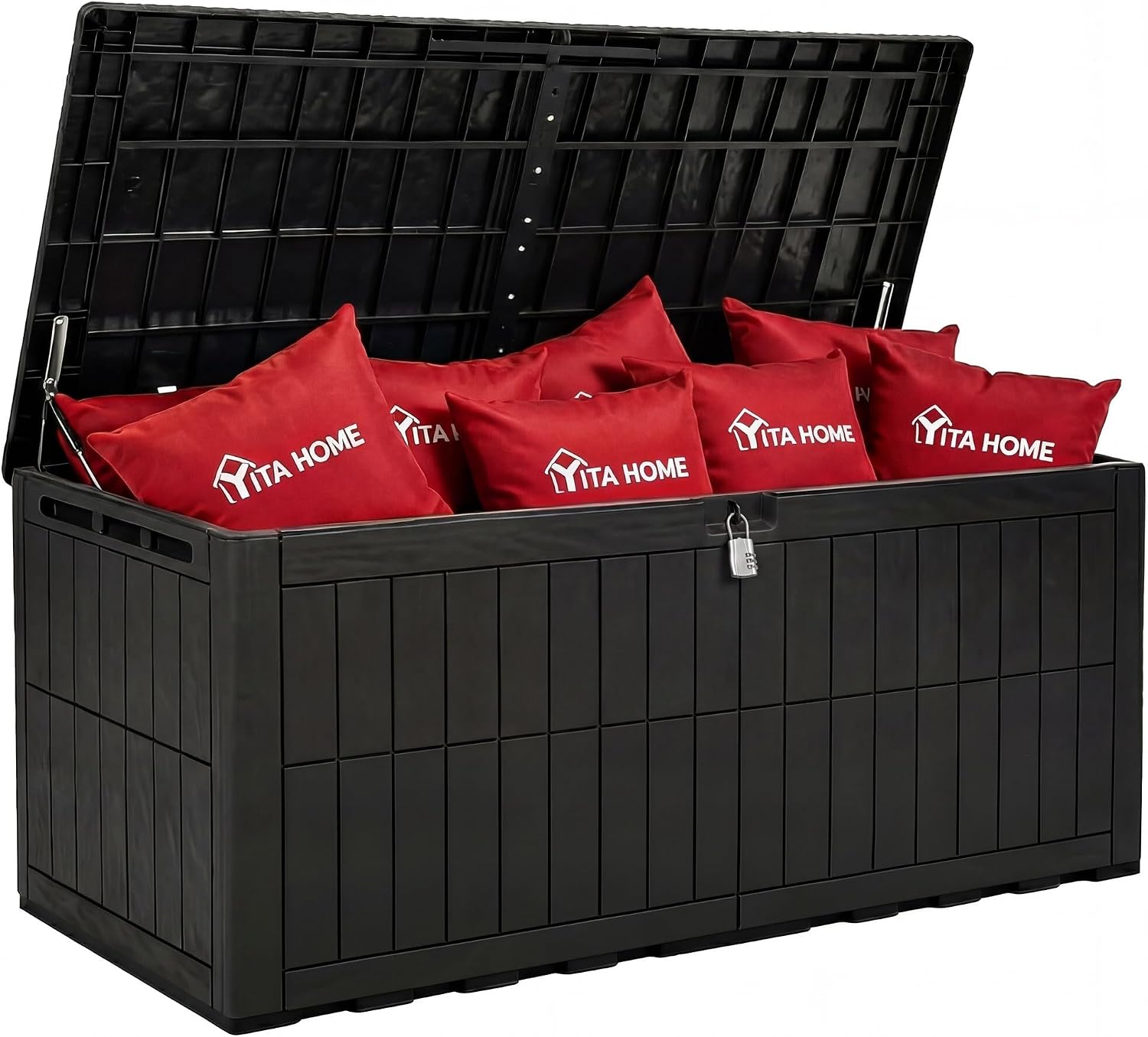 YITAHOME 240 Gallon Large Outdoor Storage Box XXL Resin Deck Box with Lock, Extra-Large Waterproof Patio Furniture Bin and 3-Person Bench Seating for Garden Tools & Pool Accessories, Black