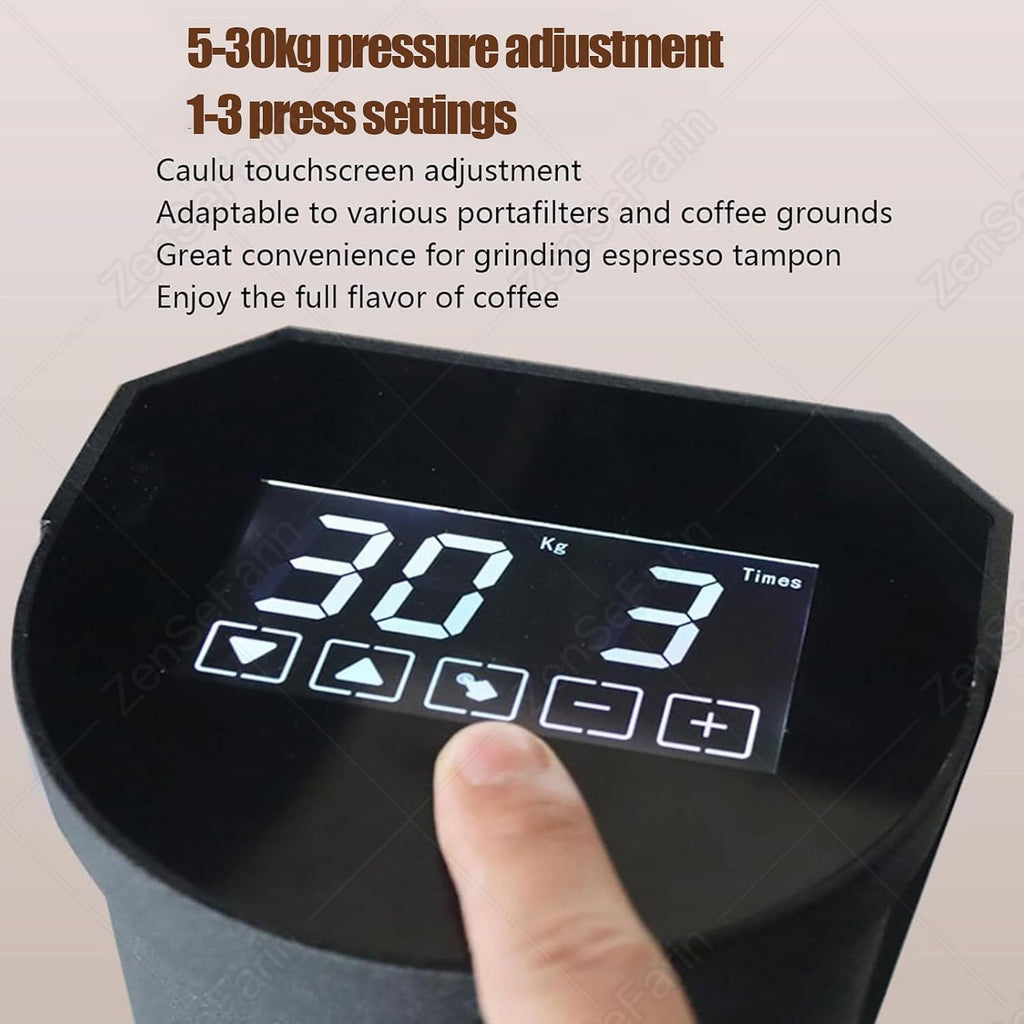 58mm Coffee Tamper,Automatic Electric Bean Powder Press Machine for Expresso,Coffee Tamper Machine,10-30kg Pressure,Adjustable Bracket Lift 1-3 Press Settings for Home and Office White