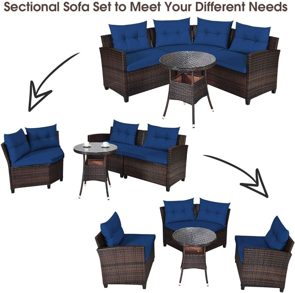 HAPPYGRILL 4 Pieces Rattan Patio Conversation Set, Outdoor Wicker Furniture Set with Cushioned Sofas and Coffee Table, L-Shape Sectional Curved Sofa Set for Garden Poolside Balcony
