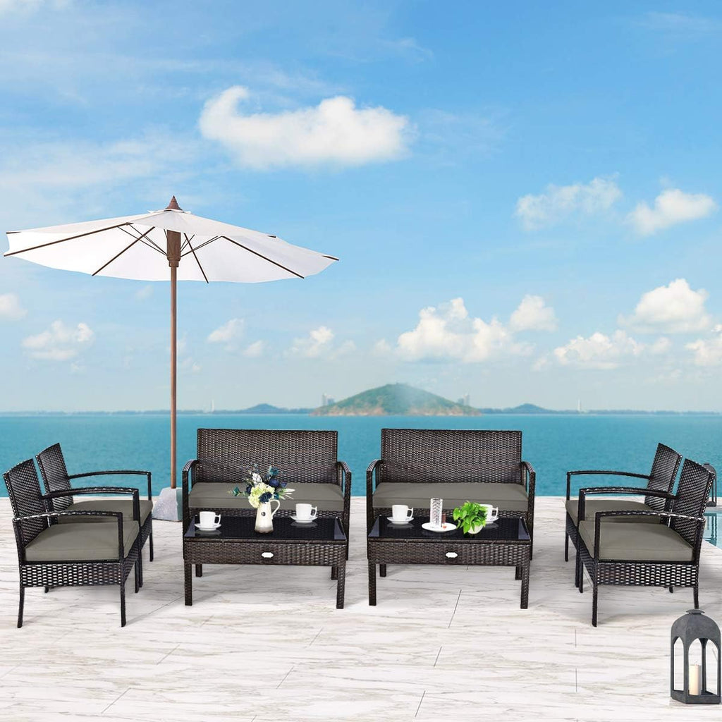 Tangkula 8-PCS Wicker Patio Conversation Furniture Set, Outdoor Rattan Chair and Table Set, Patio Furniture Sets with Coffee Table & Washable Cushions for Courtyard Balcony Garden (2, Brown)