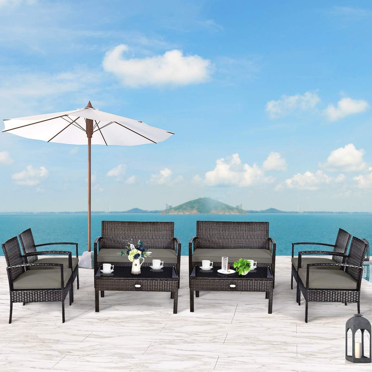 Tangkula 8-PCS Wicker Patio Conversation Furniture Set, Outdoor Rattan Chair and Table Set, Patio Furniture Sets with Coffee Table & Washable Cushions for Courtyard Balcony Garden (2, Brown)