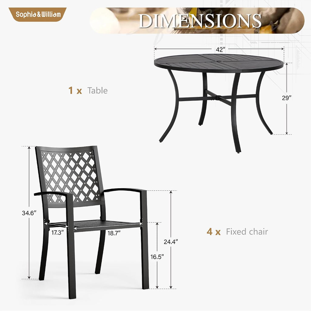 Sophia & William Round Patio Table and Chairs Set, Outdoor Dining Set for 4, 5 Piece Metal Patio Furniture, 42' Black Table(Diamond)