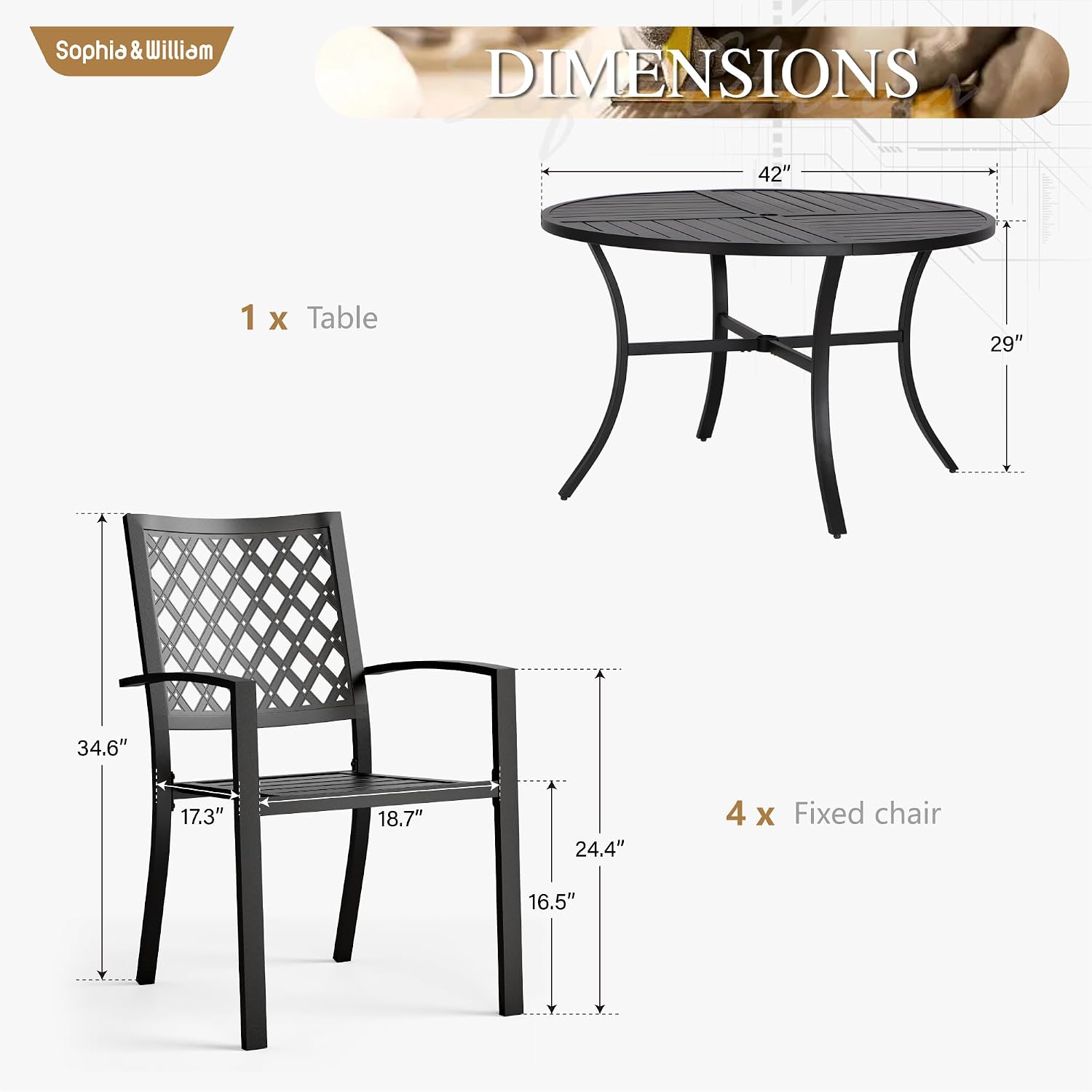 Sophia & William Round Patio Table and Chairs Set, Outdoor Dining Set for 4, 5 Piece Metal Patio Furniture, 42' Black Table(Diamond)