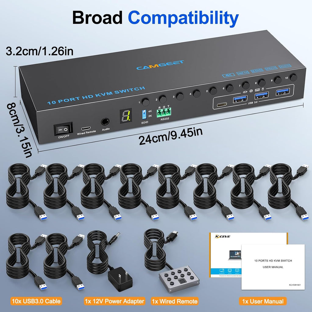 10 Port 8 Port 2 Monitors KVM Switch HDMI 4K@60Hz EDID Simulation, USB 3.0 Dual Monitor KVM Switch 2 Monitors 8 Computers 10 Computers,4 USB3.0 Ports, Audio,RS232,Wired Remote,12V Power,10 USB Cables