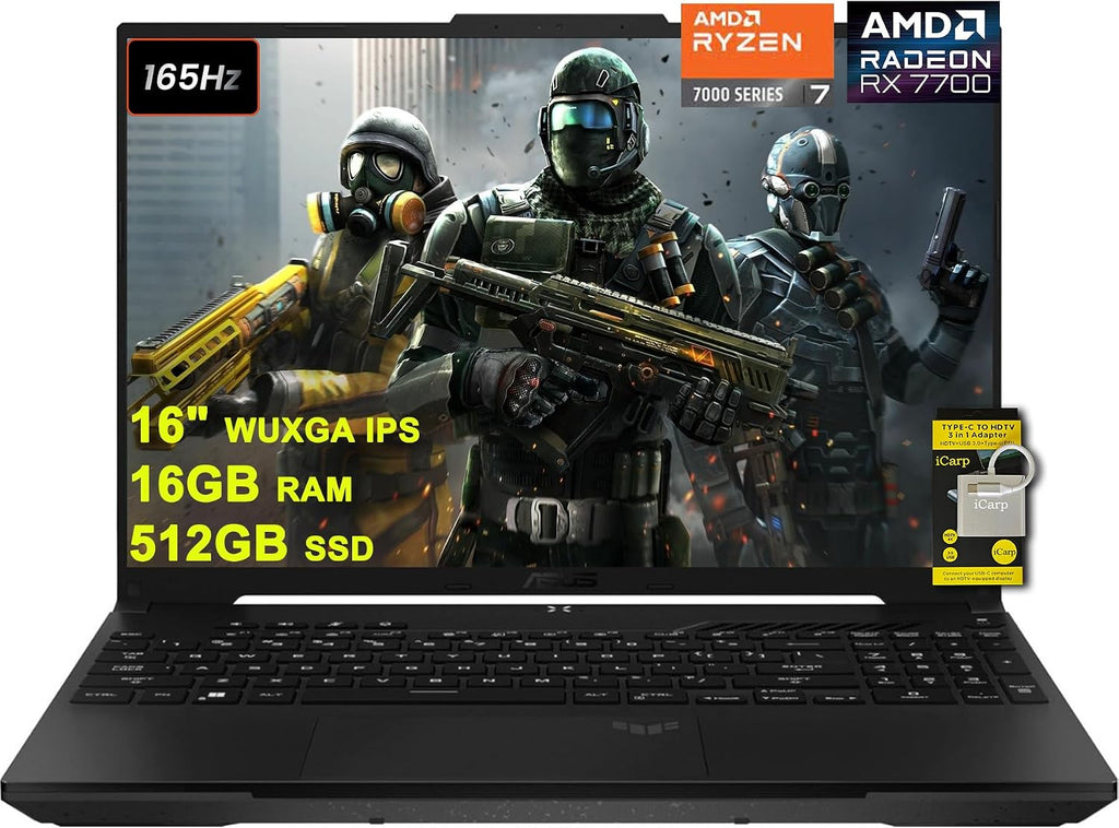 ASUS TUF Gaming A16 Laptop 16' WUXGA 165Hz 100% sRGB AMD 8-core Ryzen 7 7735HS 16GB RAM 512GB SSD Radeon RX 7700S 8GB (>RTX4060) Backlit USB4 Fast Charge AI Noise Cancelation Win11 w/ICP Accessory
