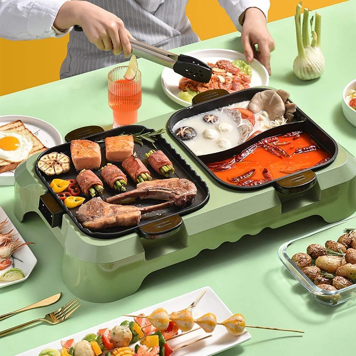 Electric Grill And Hot Pot,Fast Heat Hot Pot,Smokeless BBQ Grill Non-Stick Pan,Separate Dual Temperature Control,for 2-12 People,Red (Color : Green)