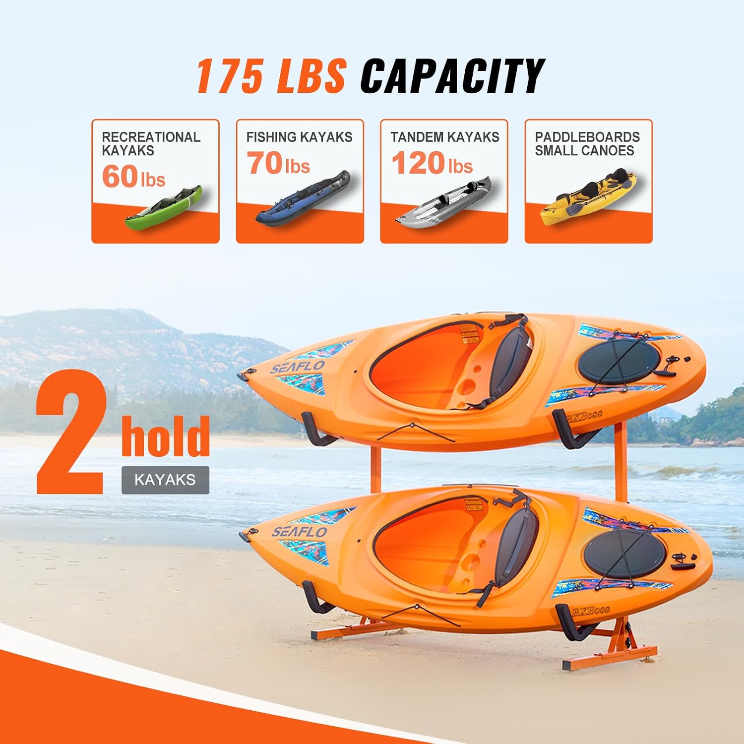 VEVOR Kayak Storage Rack, Heavy Duty Adjustable Freestanding Stand with Lockable Wheels for Indoor Outdoor Garage Shed Dock, Holder for Canoe, SUP, Surfboard & Paddleboard