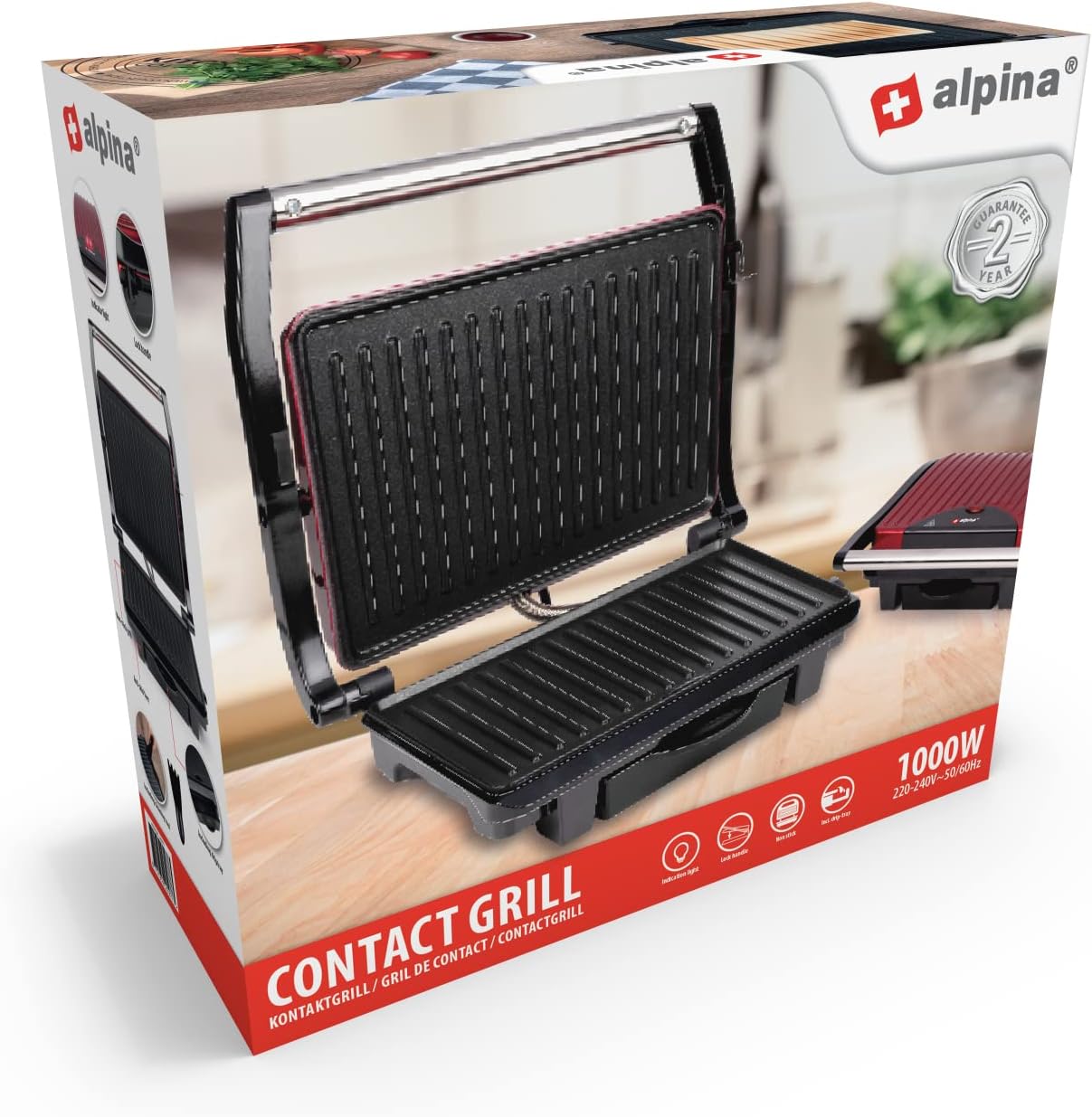 ALPINA 8711252252773 Contact Grill - 230V/1000W - Sandwich maker - Panini Grill - Vegetable, Bread and Meat - Non-stick - Drip tray - Black/Red
