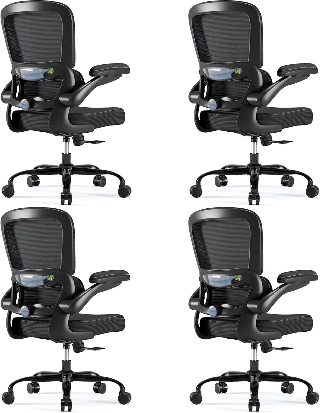 TRALT Ergonomic Office Chair - Desk Chair with Adjustable Headrest Lumbar Support Computer Chair - Mesh Comfy Chair with Flip-up Armrests - Gaming Chair for Adults Home Office PU, Black, Pack of 4