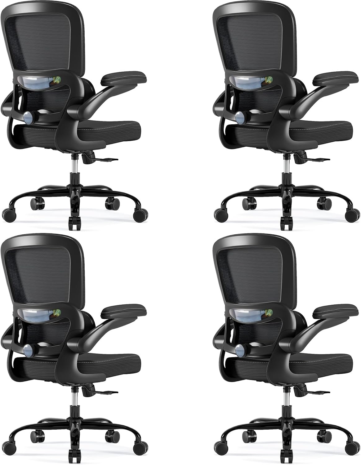 TRALT Ergonomic Office Chair - Desk Chair with Adjustable Headrest Lumbar Support Computer Chair - Mesh Comfy Chair with Flip-up Armrests - Gaming Chair for Adults Home Office PU, Black, Pack of 4