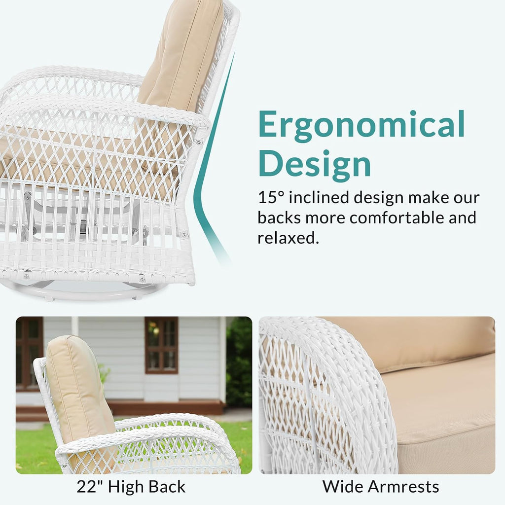 MEETWARM 3 Pieces Outdoor Wicker Swivel Rocker Patio Set, Rocking Chairs Rattan Patio Furniture Sets with Thickened Cushion and Glass-Top Coffee Table, Conversation Bistro Set, White Wicker/Beige