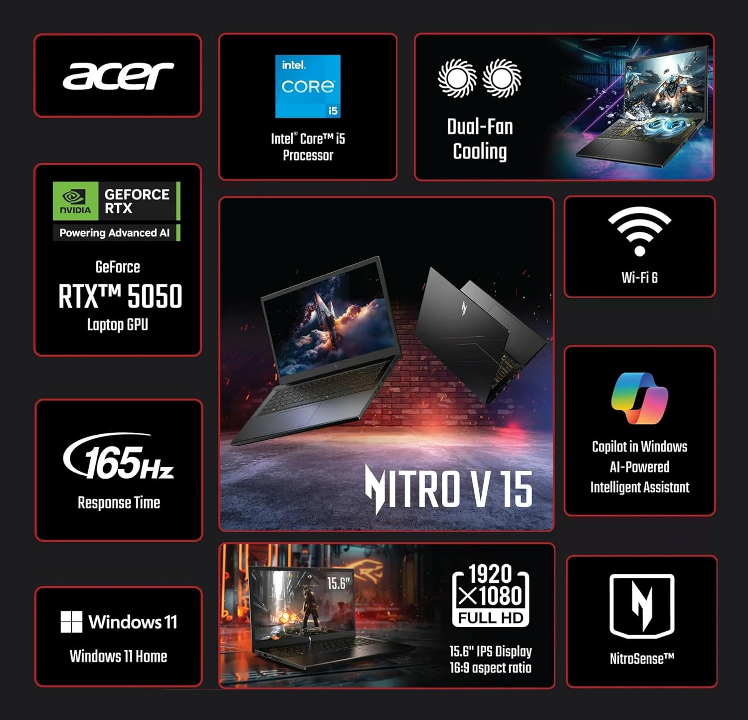 Acer Nitro V 15.6' FHD IPS 165Hz Gaming Laptop, Intel Core i5-13420H, NVIDIA GeForce RTX 5050 with 8GB GDDR7 VRAM, Win11H, w/Mouse pad (16GB RAM, 1TB PCIe SSD)