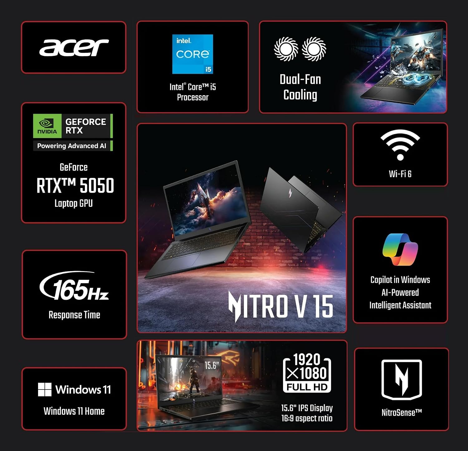 acer Nitro V 15.6' FHD IPS 165Hz Gaming Laptop, Intel Core i5-13420H, NVIDIA GeForce RTX 5050 with 8GB GDDR7 VRAM, Win11H, w/Mouse pad (32GB RAM, 2TB PCIe SSD)