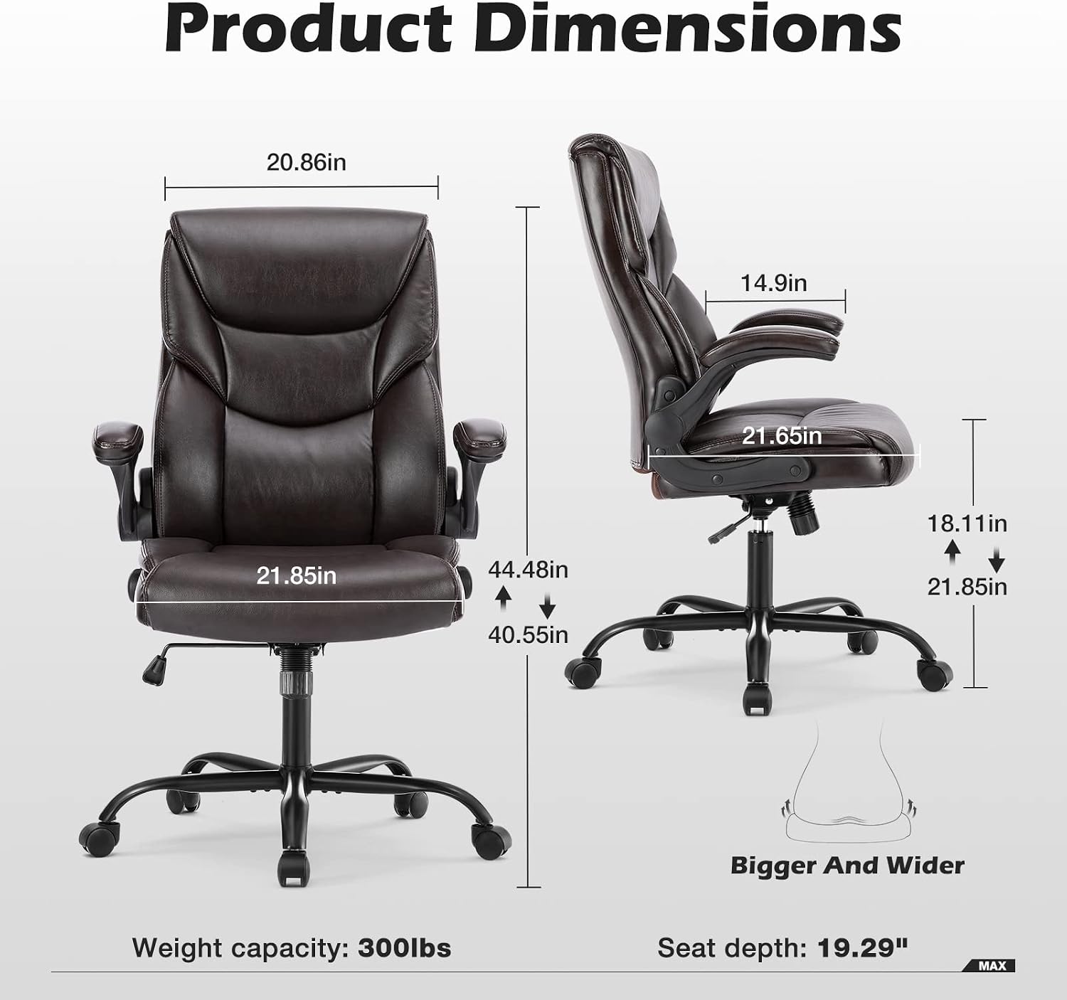 DUMOS Office Chair Set of 2 - Ergonomic Executive Computer Desk Chairs with Adjustable Flip-up Armrest, Swivel Task Chair with Lumbar Support, Strong Metal Base, PU Leather, Brown