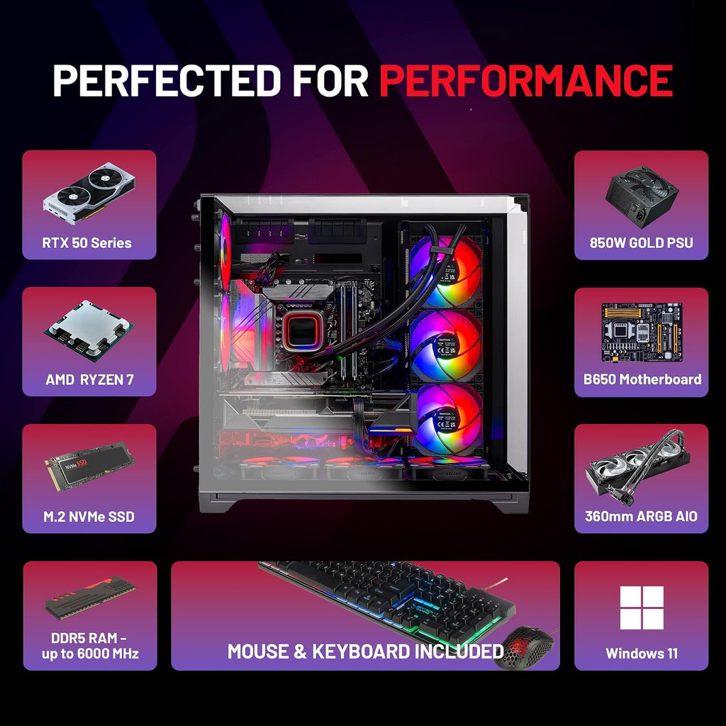 Skytech Gaming O11 Vision Gaming PC, AMD Ryzen 7 9850X3D 4.7GHz, NVIDIA RTX 5080 16GB VRAM, 1TB Gen4 NVMe SSD, 32GB DDR5 RAM 6000, 850W Gold ATX 3 PSU, 360 ARGB AIO, WI-FI 5, Windows 11, Desktop