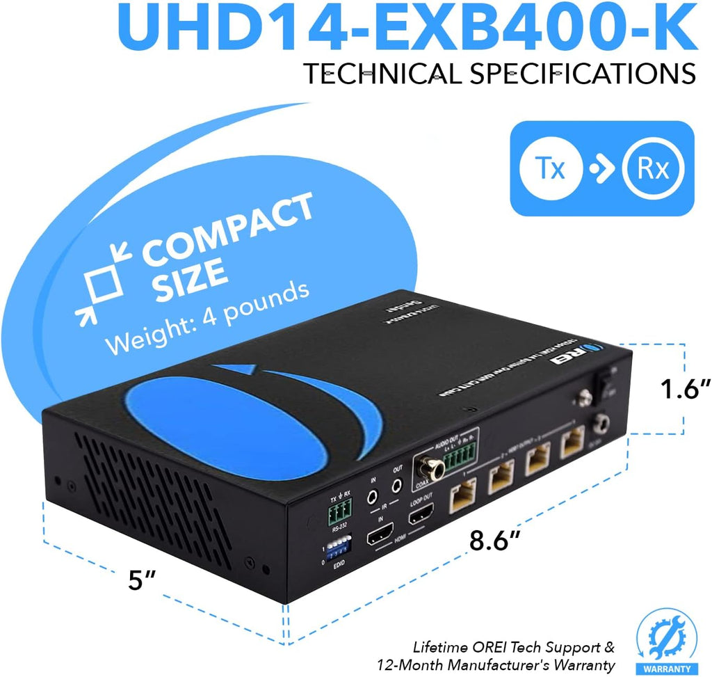 OREI 1x4 HDMI Extender Splitter HDBaseT 4K, Multiple Over Single Cable CAT6/7 4K@60Hz 4:4:4 HDCP 2.2 With IR Remote EDID Management, HDR - Up to 400 Ft - Loop Out - Low Latency - Full Support