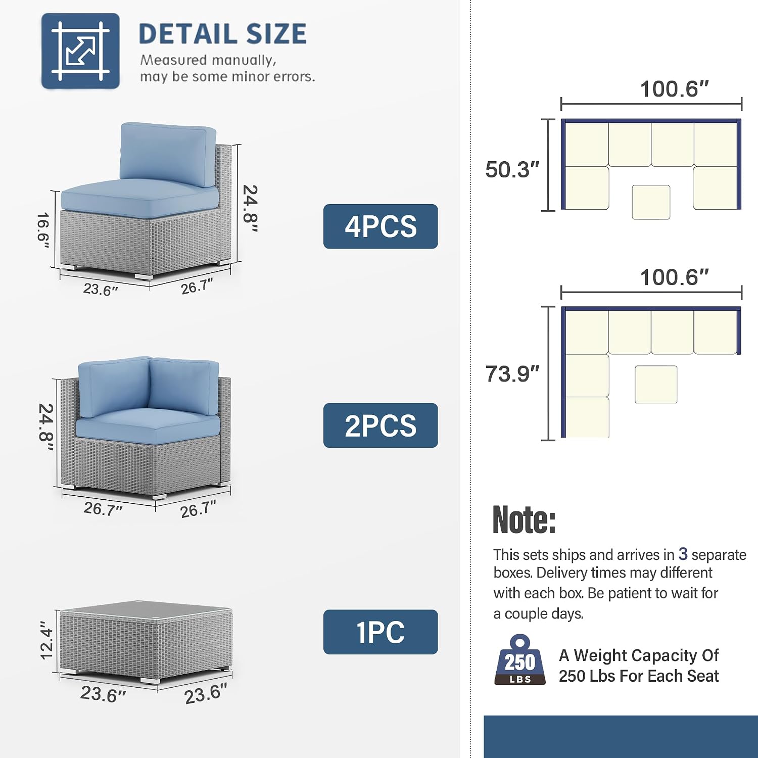 SUNCROWN Outdoor Patio Furniture Set 7 Piece Outdoor Sectional Sofa Grey Wicker Conversation Sofa Set with Coffee Table and Cushions (Light Blue)