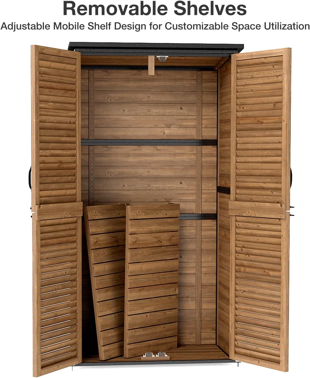 Outdoor Storage Cabinet Waterproof, Storage Shed with Sturdy Iron Frame & Anti-Corrosion Wood, Louvered Door Lockable Cabinet for Patio Garden Backyard, 63' H