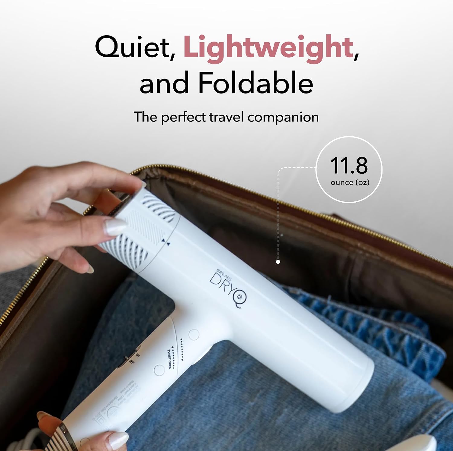 SRILabs DryQ 'Smart' Hair Dryer – White Edition – Super Lightweight, Foldable – Powerful, Quiet Motor – Infrared & Ionic Technology – 3 Magnetic Attachments – Heat Control with Locking Switch