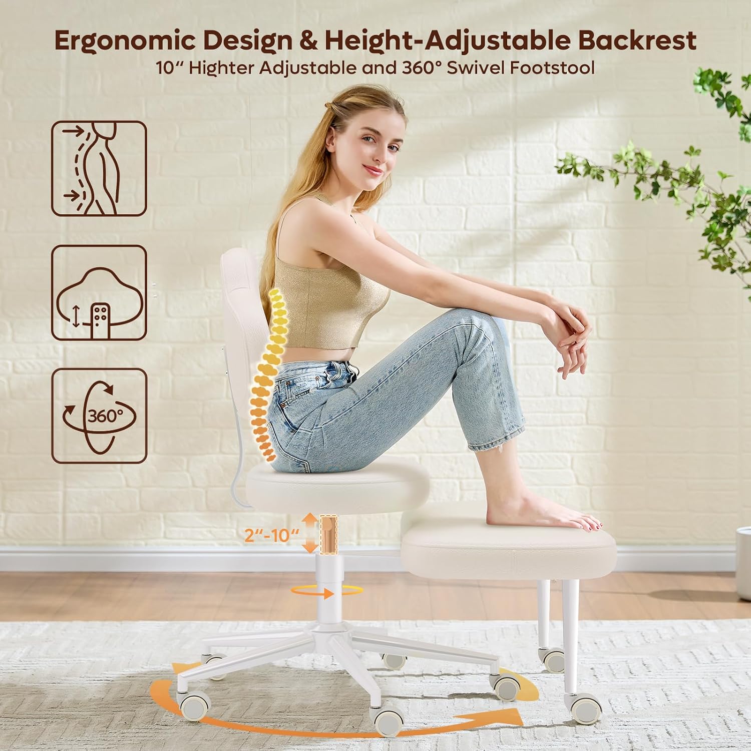 Pinmoco Cross Legged Office Chair with Wheels, Meditation Chair, ADHD Chair for Adults, Wider Height Adjustable Backrest and Seat, Yoga Office Chair, PU Leather, Beige