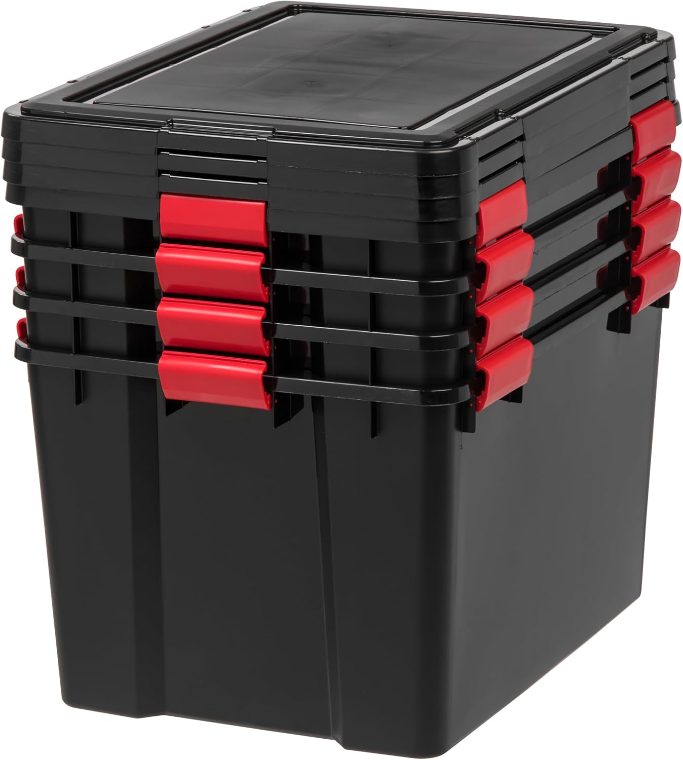 IRIS USA WeatherPro 74 Qt Storage Bins with Lids, 4 Pack, BPA-Free Plastic Gasket Box with Tight Latch and Seal, Stackable Nestable Tote Tub - Black/Red