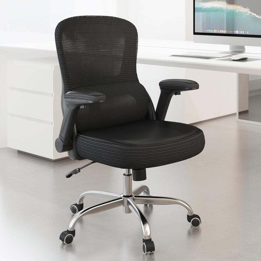 Ergonomic Office Chair - Desk Chair with Adjustable Lumbar Support Computer Chair - Mesh Comfy Chair with Flip-up Armrests - Gaming Chairs for Adults Home Office (Leather, Black)