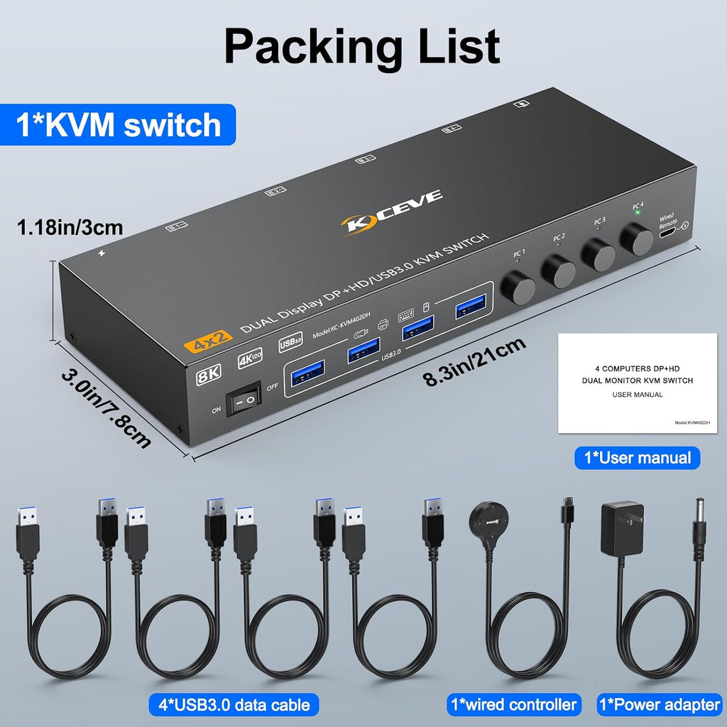 HDMI+Displayport KVM Switch 2 Monitors 4 Computers 8K@60Hz 4K@144Hz, Dual Monitor KVM Switch for 4 PC Share 2 Monitors and 4 USB3.0 Devices, with 4 USB Cables, Power Adapter and Wired Remote
