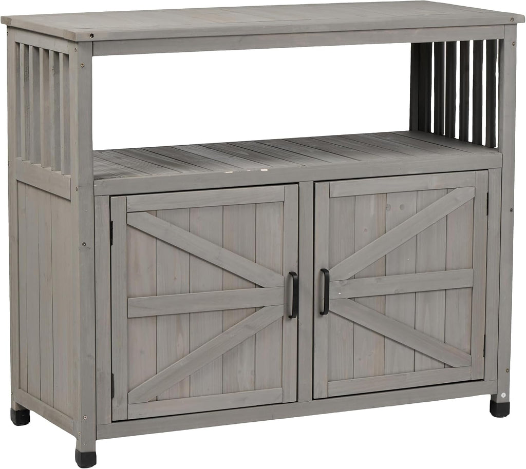 YOPTO Outdoor Wood Storage Cabinet,Garden Patio Bar Table Set with 2 Handles,Buffet Cabinet Sideboard Furniture for Lawn,Grey