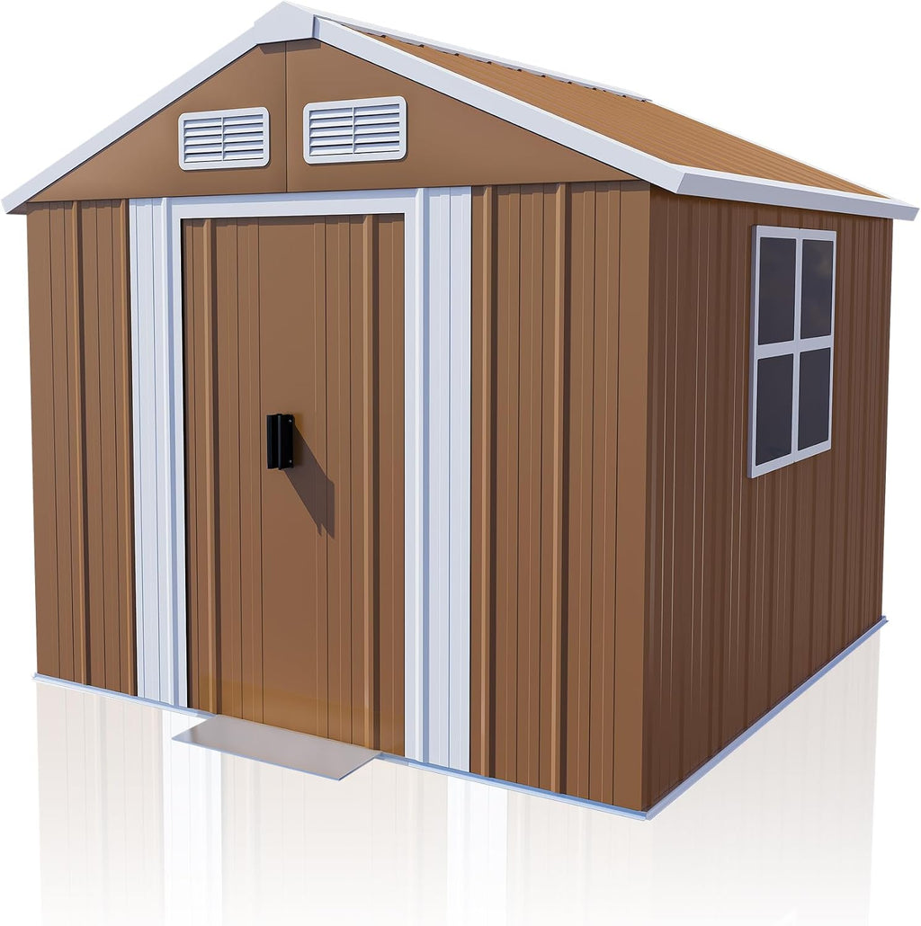 YOPTO 6X4 FT Heavy-Duty Metal Storage Shed with Windows,Waterproof Sheds & Outdoor Storage w/Rolling Door Lockable Door & Ventilation,Tool Organization,Sloped Roof,4-Season Ready,Brown