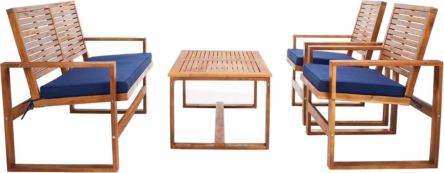 Safavieh Home Collection Hailey Outdoor Living 4-Piece Acacia Patio Furniture Set, Brown and Navy