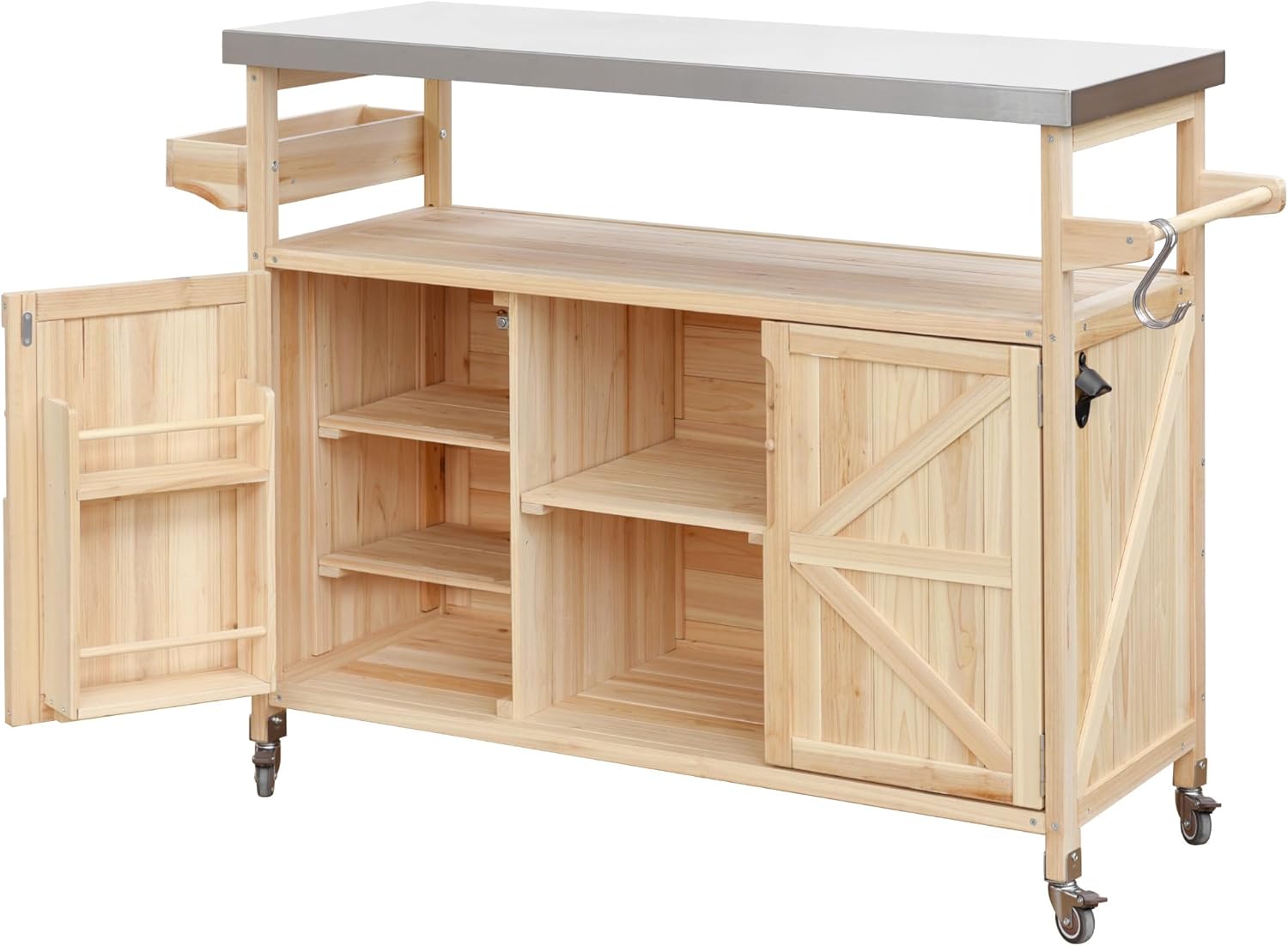 Merax 50' Outdoor Kitchen Grill Cart Island on Wheels with Stainless Steel Top,Farmhouse Style Solid Wood Frame Storage Cabinet for Patio
