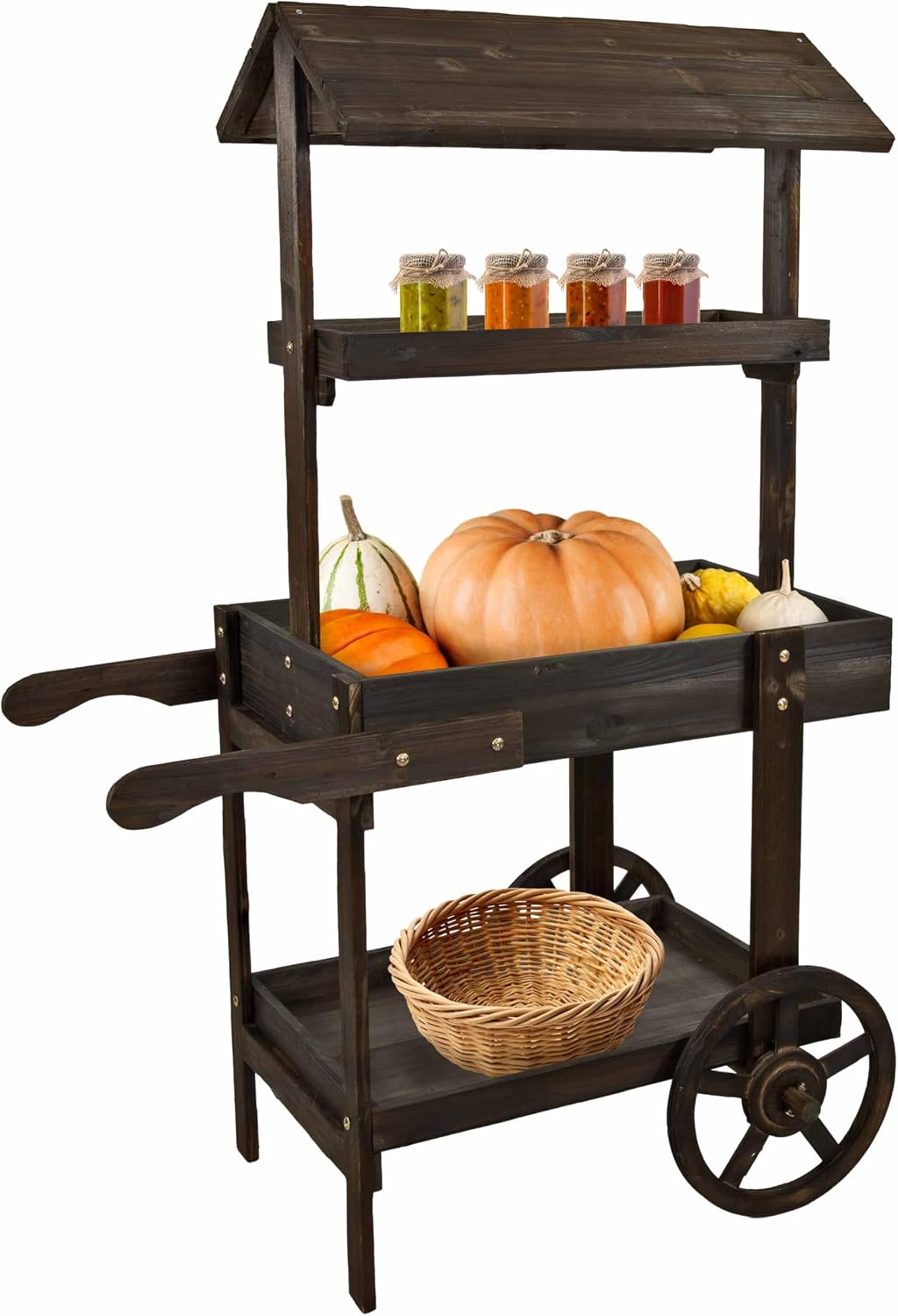 Sunnydaze Country Market Flower Cart Display Stand with Wheels - 2 Shelves - Fir Wood - 30 lb Weight Capacity - Charred Fir