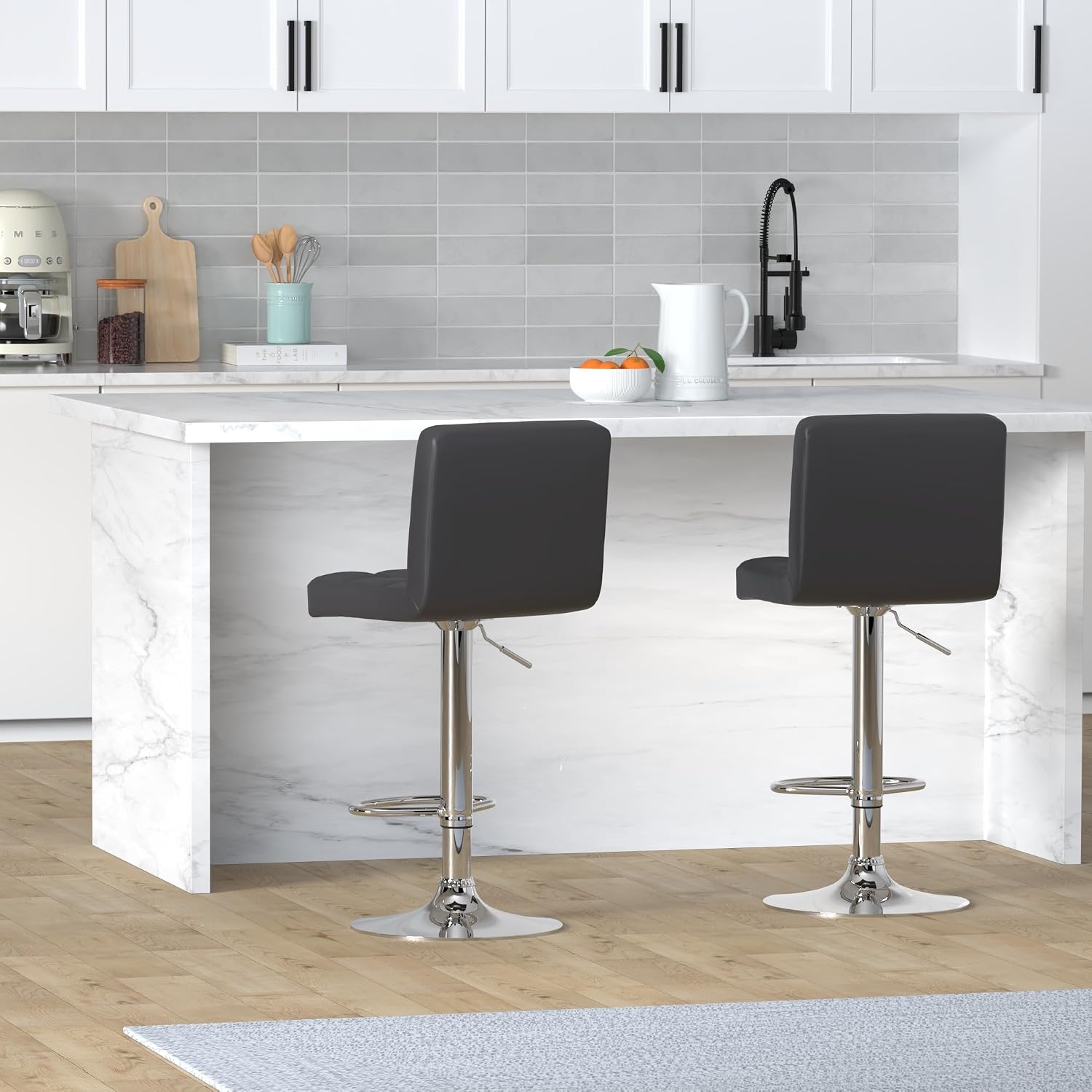 Leopard Bar Stools, Modern PU Leather Adjustable Swivel Bar Stool with Back, Set of 2 (Black)