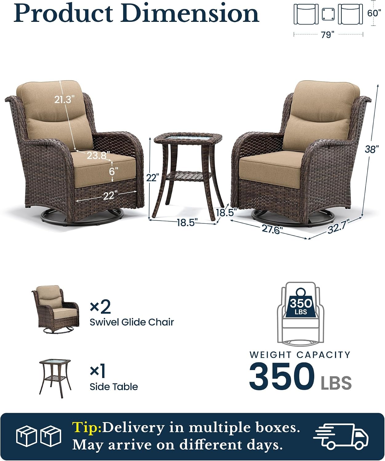 HILLGA 3-Piece Luxury Patio Furniture Set with 6' Thick Cushions, Weather-Resistant Wicker High Back Swivel Rocker Chairs, Senior-Friendly Conversation Set for Small Porch, Deck and Sunroom, Beige(V2)