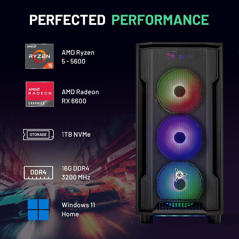 Skytech Gaming Shadow Desktop PC, Ryzen 5 5600 3.5 Ghz (4.4GHz), AMD RX 6600 8GB, 1TB NVMe SSD, 16GB DDR4 RAM 3200, 650W Gold PSU, Wi-Fi, Win 11