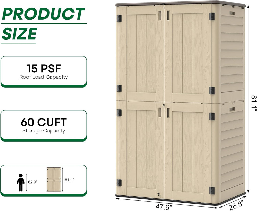 Tall Vertical Outdoor Storage Shed, 60 Cu Ft Waterproof Resin Storage Cabinet with Floor, All-Weather Garden Shed for Garage, Patio, Backyard, Porch (Khaki)