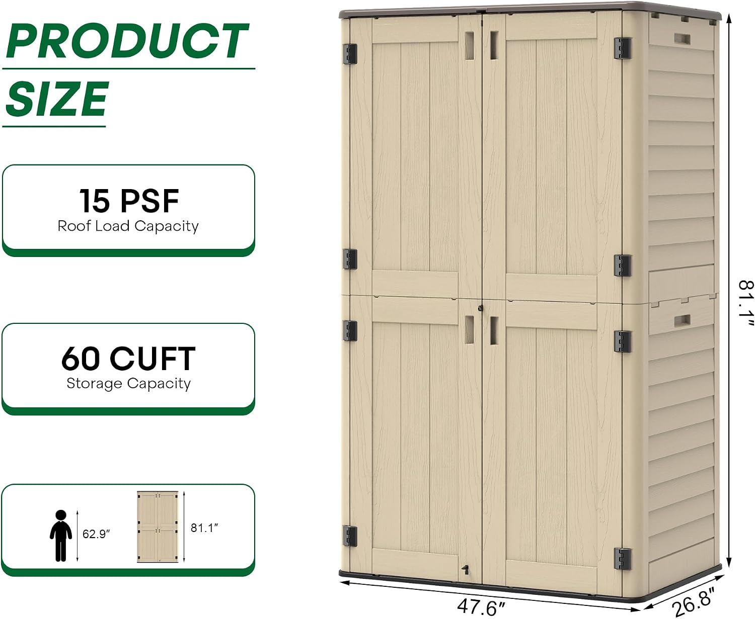Tall Vertical Outdoor Storage Shed, 60 Cu Ft Waterproof Resin Storage Cabinet with Floor, All-Weather Garden Shed for Garage, Patio, Backyard, Porch (Khaki)