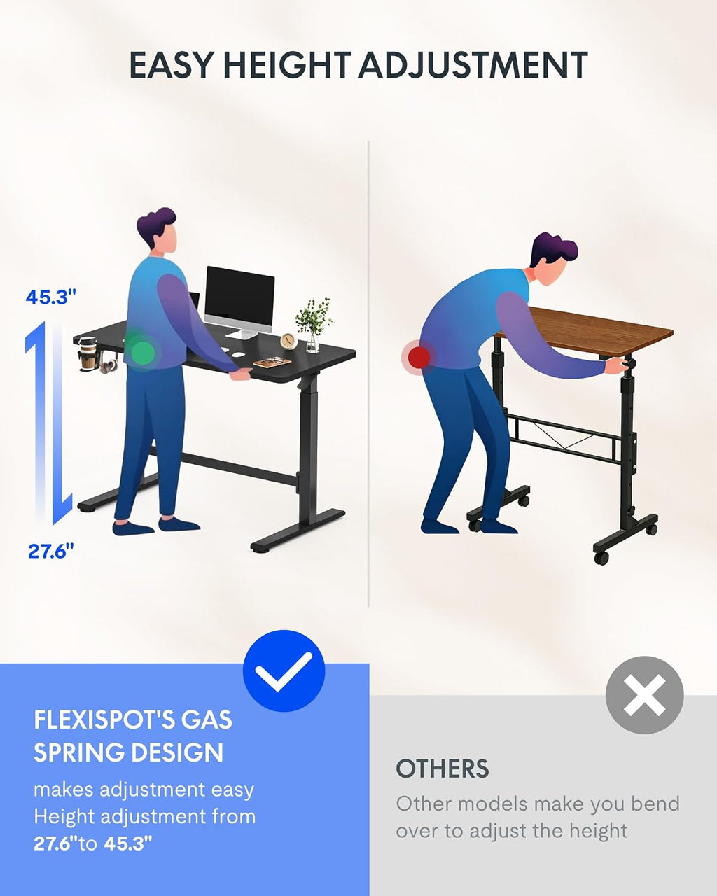 FLEXISPOT H7 Plus Gas Spring Adjustable Standing Desk, Mobile Rolling Sit-Stand Table with Wheels, Cordless Stand Up Desk for Small Spaces & Home Office, 48' One-Piece Desktop Black,Height 27.6'–45'