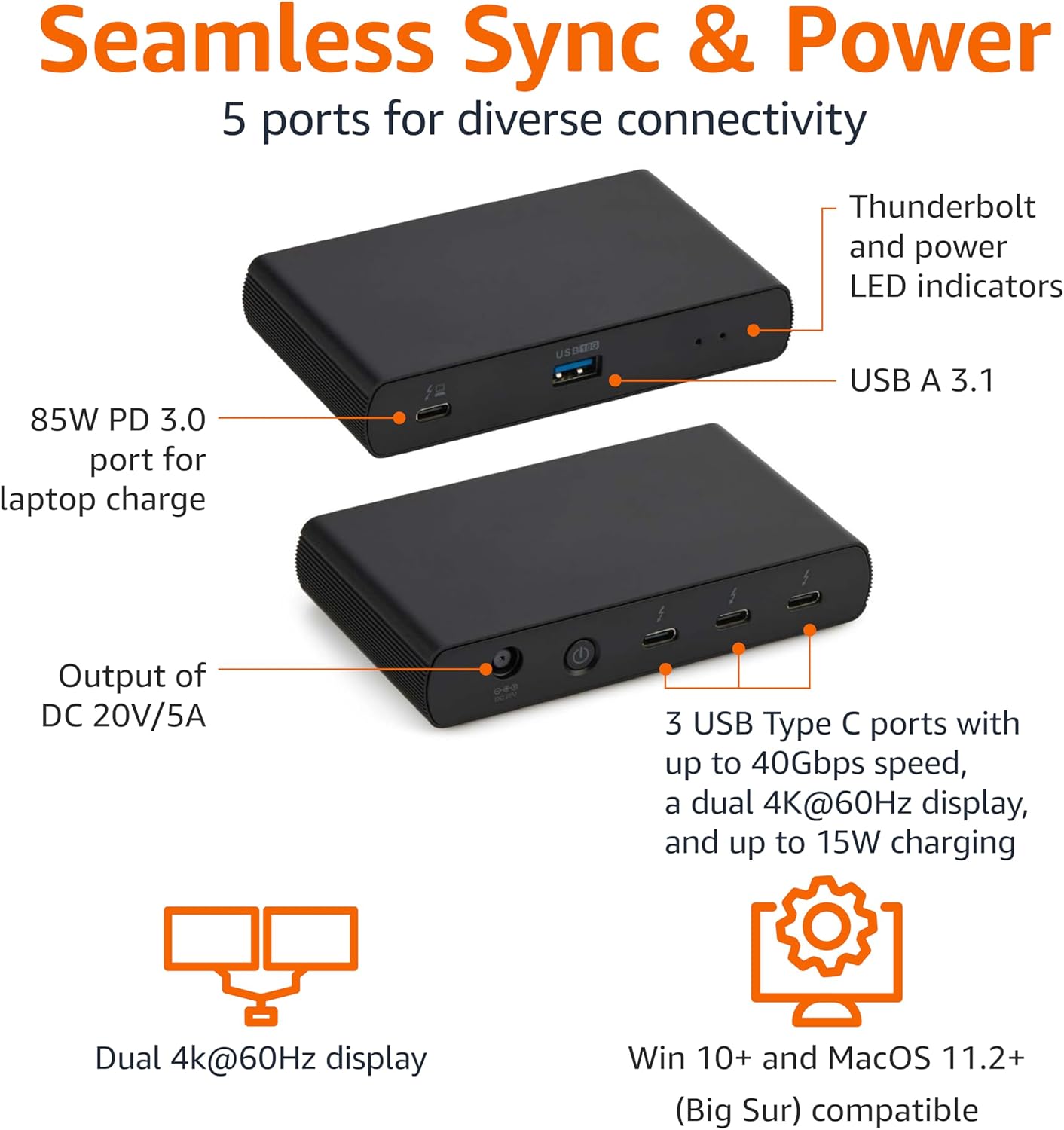 Amazon Basics Thunderbolt 4 Docking Station, Dual 4K@60Hz Display Support, 85W Power Delivery, 3X Downstream TBT4, 1xUSB A 3.1, Mac/Windows Compatible, Black, 4.76 x 2.84 x 0.86 inches