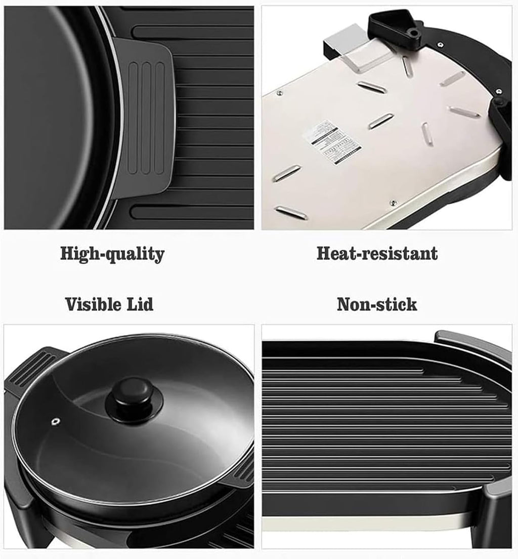 Electric 2 in 1 Grill Indoor Hot Pot Multifunctional Teppanyaki Grill/Shabu Shabu Pot Smokeless with 5 Level Temperature for Family Gathering, Party Indoor/Outdoor