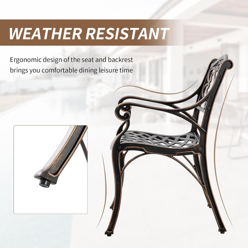 3 Piece Outdoor Dining Set,Cast Aluminum Bistro Set with Umbrella Hole, All Weather Patio Furniture Set, Small Patio Dining Set for Garden/Balcony/Deck Bronze (Flower Backrest)