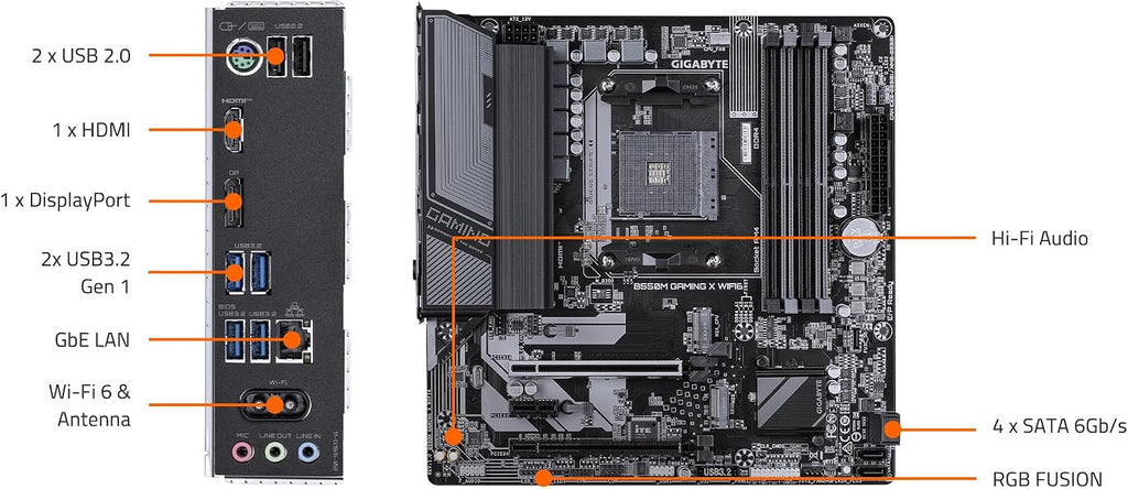 GIGABYTE B550M Gaming X WIFI6 AMD AM4 mATX Motherboard, Supports Ryzen 5000/4000/3000 Series, DDR4, 5+3 Power Phase, 2X M.2, PCIe 4.0, WIFI6, GbE LAN, PCIe EZ-Latch, WiFi EZ-Plug, RGB Fusion